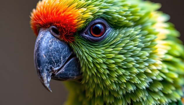 A close up of a vibrant, colorful parrot showing its detailed facial features. The bird's beak is large, curved, and dark, with a textured surface