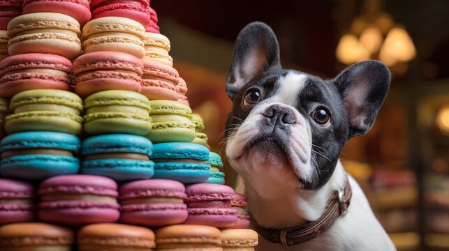 A curious French Bulldog puppy tilting its head, sitting in front of a giant stack of colorful French macarons in a Parisian patisserie.