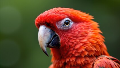 Fototapeta premium The image features a close up of a vibrant parrot with striking red and orange plumage. Its head is turned slightly to the side, showcasing a large, curved beak and intense eye detail