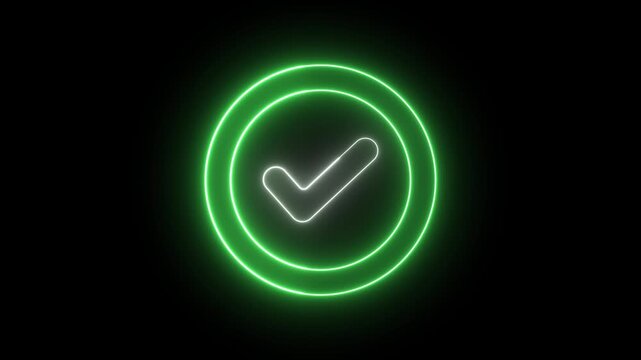 Glowing green neon checkmark symbol.Neon tick mark icon approval success concept. Futuristic digital symbol confirmation technology design. Green check mark for approval symbol. Correct or Ok.
