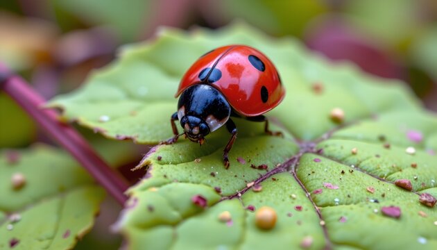 The image features a close up of a vibrant red ladybug with black spots perched on a green leaf