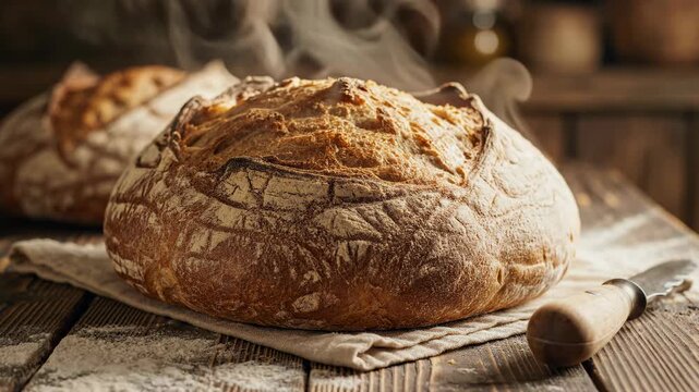 Freshly baked artisan bread on a wooden table