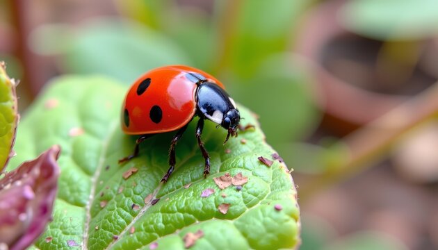 The image features a close up of a bright red ladybug with black spots perched on a vibrant green leaf