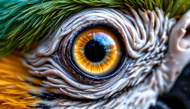 The image features an extreme close up of a bird's eye, revealing intricate details of the iris with vibrant shades of orange and yellow, surrounded by a dark, reflective pupil
