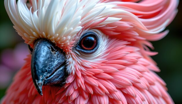 This image features a close up of a colorful bird with vibrant, fluffy feathers that gradually transition from pale peach at the top to deeper pinkish hues towards the bottom