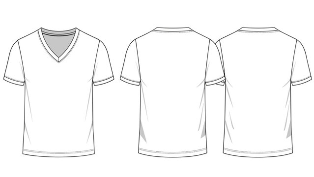 White V-neck t-shirt template set including front and two back views, perfect for displaying custom designs on a classic short-sleeved cotton garment.