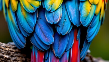 Obraz premium A close up view of a collection of vibrant, colorful feathers forming a dense arrangement. The feathers display shades of blue, yellow, and red, with intricate details and smooth textures