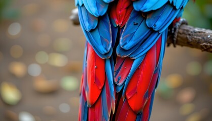 Obraz premium The image features a close up view of a vibrantly colored bird's feathers, predominantly in shades of blue and red with some hints of dark accents
