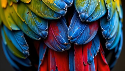 Obraz premium The image showcases a close up of a collection of vibrantly colored feathers arranged in a layered pattern
