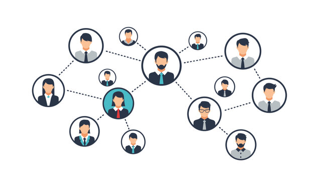 Social networking diagram showing various male and female avatars connected by dashed lines, illustrating professional or personal connections.