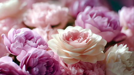 Fototapeta premium Soft pink peony flowers in full bloom creating a romantic and delicate floral background.