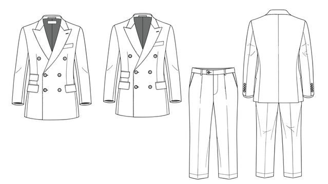 Formal white double breasted suit technical drawing including jacket and trousers for menswear fashion design and production.