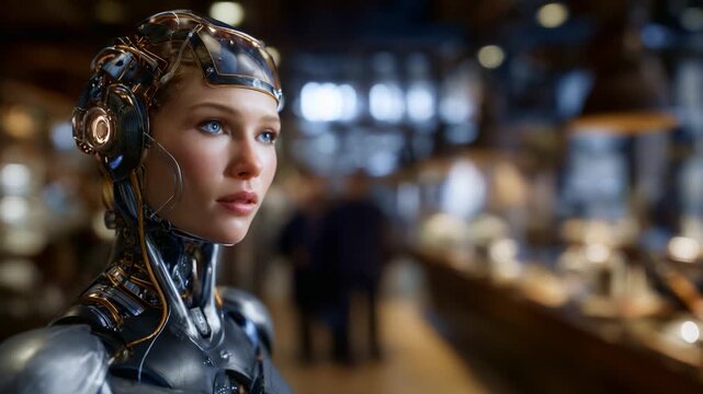 A futuristic android with a sleek design and captivating expression stands in a bustling caf&eacute;, merging technology with a human-like appearance and ambiance.