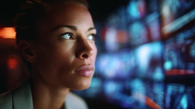 Contemplative Analytics Professional Analyzing Data Visualizations in a High-Tech Environment with Focused Expression and Intense Concentration on Digital Displays