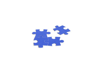 Fototapeta premium Three blue puzzle pieces close together on white background. Puzzle, pieces, blue, three, close, white.