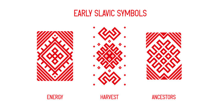 Set of early Slavic symbols inspired by pagan traditions. Ancient signs representing energy, harvest and ancestors in traditional red and white colors. Clean geometric vector illustration