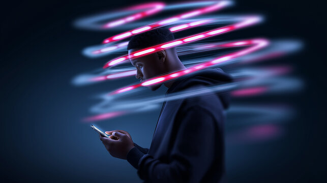 Person using smartphone with distorted neon light trails around head symbolizing digital overload and social media pressure.