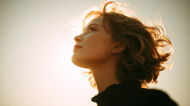Woman looking up toward sunlight, hope and future concept