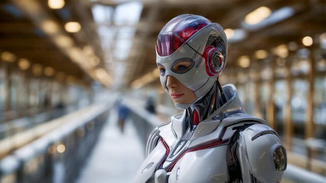 Futuristic humanoid robot exploring a modern architectural space, showcasing advanced technology, design, and the seamless integration of robotics into daily life.