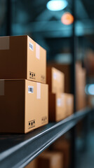 Stack of cardboard boxes on warehouse shelves representing logistics and storage system
