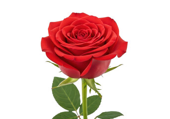 Fototapeta premium A vibrant red rose with delicate green leaves and stem in full bloom isolated on transparent background, png