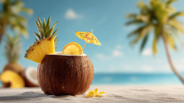Refreshing coconut cocktail with pineapple and lemon on a tropical beach paradise