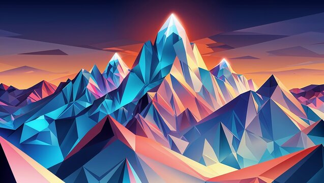 Low poly crystal mountain peak with a glowing summit as an abstract data landscape and peak performance concept on a colorful twilight background