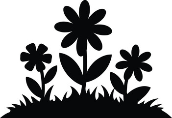 Obraz premium Black flower silhouette vector illustration with three blooming blossoms and grass leaves isolated on white background for spring garden design.