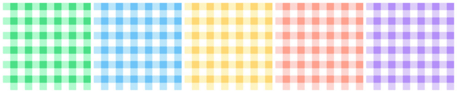 Seamless gingham easter pattern collection. Pastel plaid backgrounds in pink, green, purple, yellow, blue, peach colors. Vichy tablecloth print design.