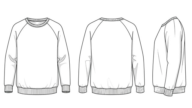 Fashion technical flat of a long-sleeved sweatshirt shows the front, back, and side profiles for garment construction and design.