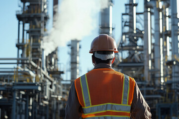 Obraz premium Oil Refinery Worker in Safety Vest Walking at Industrial Site