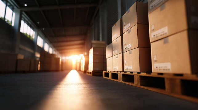 Warehouse interior with stacked cardboard boxes on pallets and sunlight streaming through