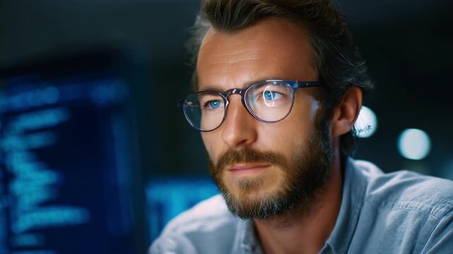Focused Individual Analyzing Data on Computer Screen in a Dimly Lit Environment, Capturing Concentration and Technology Use in Modern Workspaces