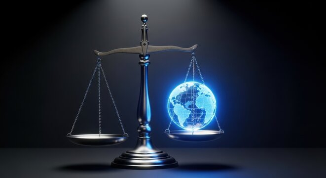 Konzept der globalen Gerechtigkeit: Eine klassische Waage mit einem leuchtenden digitalen Globus auf einer Waagschale. 3D-Illustration vor dunklem Hintergrund