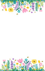 Modern Spring greeting card, banner or vertical poster with hand drawn flowers for Womens Day, Mothers Day, birthday, Easter. Cute wildflowers. Floral design template © Kseniya