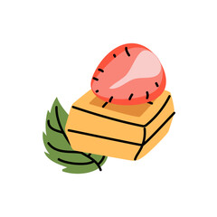 Flat illustration of sweet waffle piece with fresh strawberry and mint leaf. Delicious berry dessert for cafe menu, bakery website or recipe book icon. Isolated graphic object on white background © Svetlana