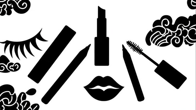 A minimal black and white arrangement of cosmetic silhouettes including lipstick, mascara, eyeliner, and stylized lips and lashes set against ornamental corner patterns.