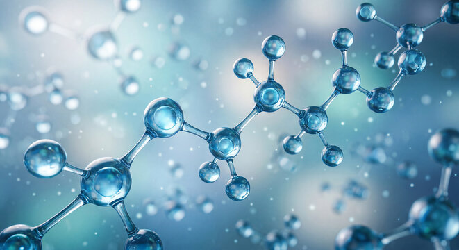 Blue molecular structure with interconnected spheres and bonds