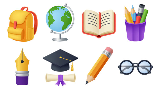 A collection of colorful 3d school supplies and education icons including books and stationery Vector