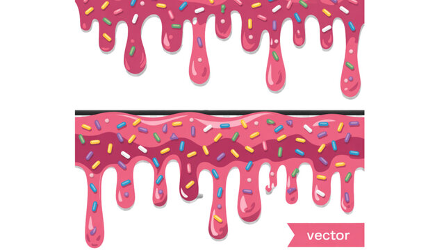Pink strawberry glaze frosting dripping with colorful candy sprinkles in a decorative border pattern Vector