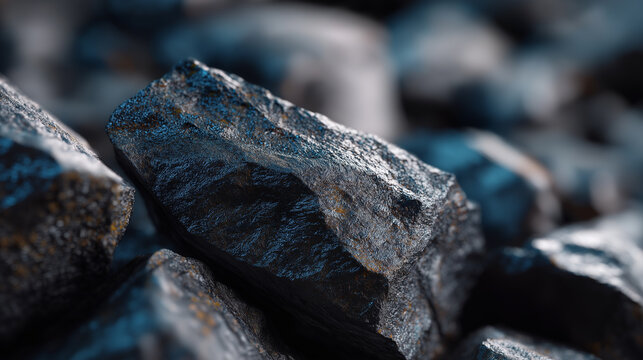 Close-up of black coal rocks with rough texture and natural lighting
