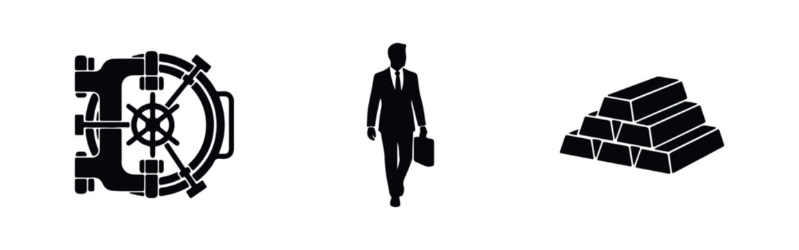 Black silhouettes of a vault door, a businessman, and stacked gold bullion symbolizing banking, wealth, and financial security on white background.