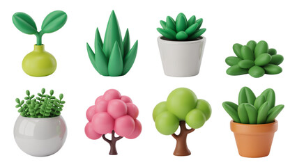 A collection of stylized 3d render illustrations featuring various small potted plants and trees Vector © MDSOPON