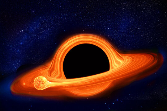 K&uuml;nstlerische Darstellung eines Sterns der von einem Schwarzen Loch aufgesaugt wird.
