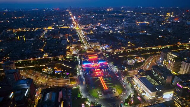 Night view of the urban skyline at Yongning Gate, south gate of Xi'an City Wall, Shaanxi Province, China