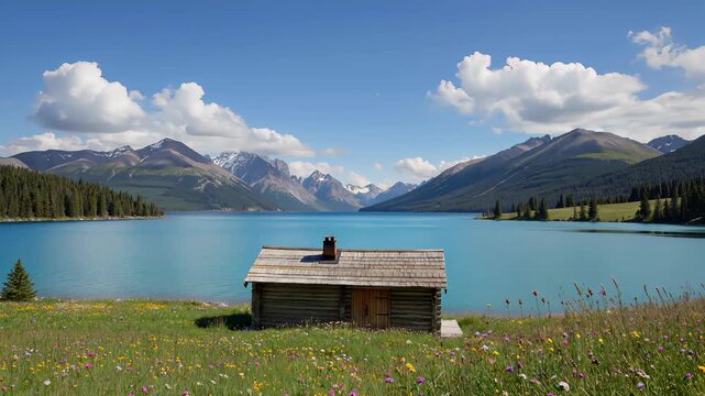 Rustic Log Cabin on the Shore of a Turquoise Mountain Lake. Seamless looping 4k video background