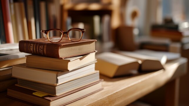 Stack of different religious texts with translation dictionaries, sticky notes marking pages, reading glasses, cozy study corner with bookshelf, perfect for religious text study group exploration,