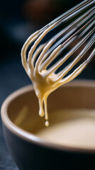 Fototapeta premium Close-up of whisk dripping thick batter in warm kitchen lighting