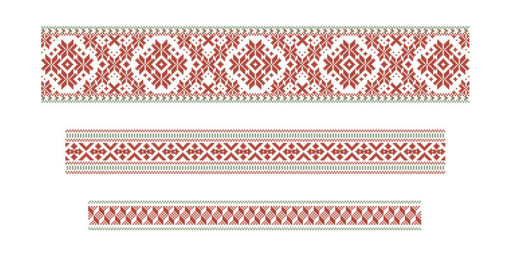 Traditional Baltic sash patterns inspired by Latvian ornamentation. Rhythmic repeating geometric motifs in burgundy and pale green colors reflect folk textile heritage, cultural identity