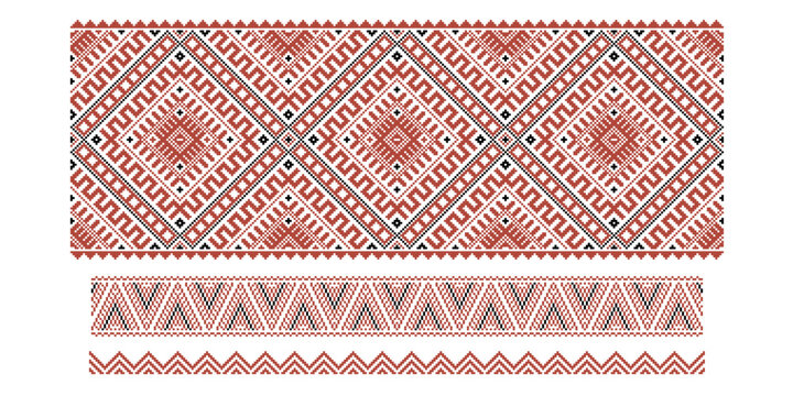 Set of three seamless Latvian folk ornaments in flat style. Traditional ethnic symbols. Decorative repeating patterns in dark red color for textile, branding and packaging design